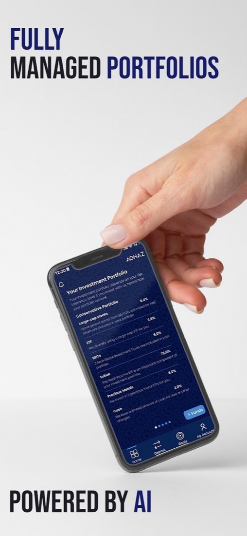 Aghaz Google Play screenshot captured in October 2026: a hand holding a phone that shows a Your Investment Portfolio screen listing asset groups, under the heading Fully managed portfolios powered by AI.