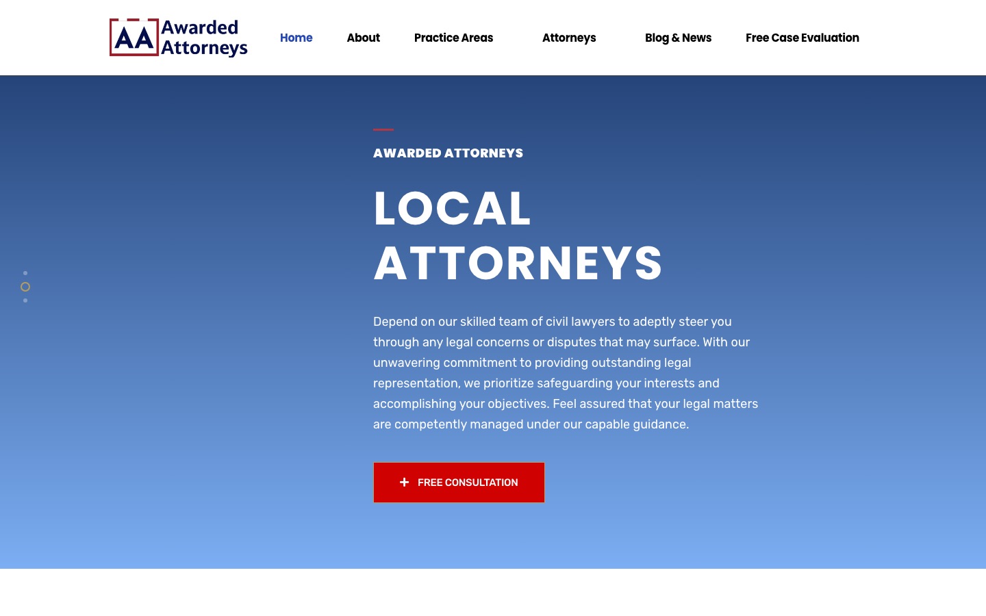 Homepage of Awarded Attorneys as captured in October 2026, showing a Local Attorneys hero, a red Free Consultation button and a Free Case Evaluation link in the navigation.