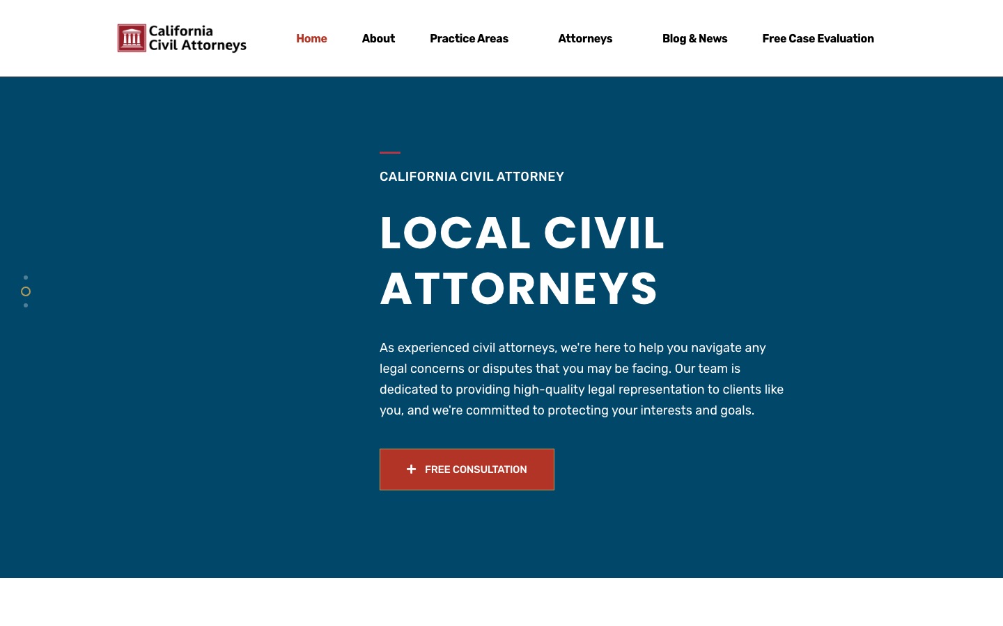 Homepage of California Civil Attorneys as captured in October 2026, with a Local Civil Attorneys hero, a red Free Consultation button and a Free Case Evaluation link in the navigation.