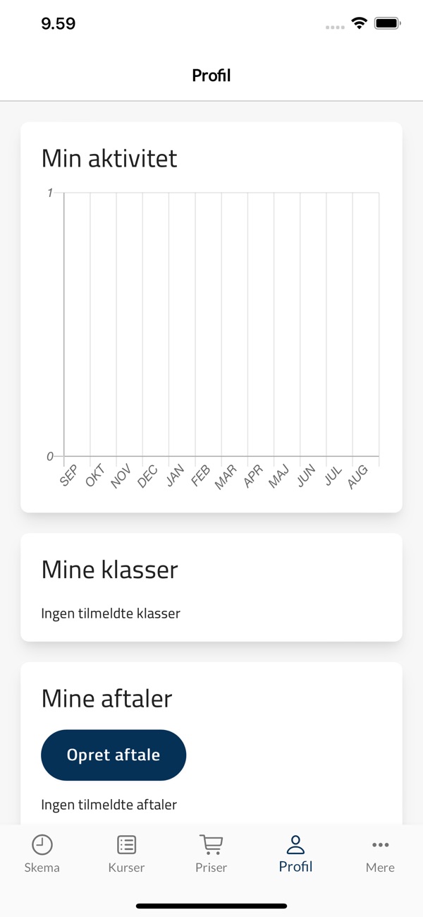 Innercise iPhone app Profile tab in Danish: an empty My activity chart with months from September to August, a My classes card saying no enrolled classes and a My agreements card with a Create agreement button.