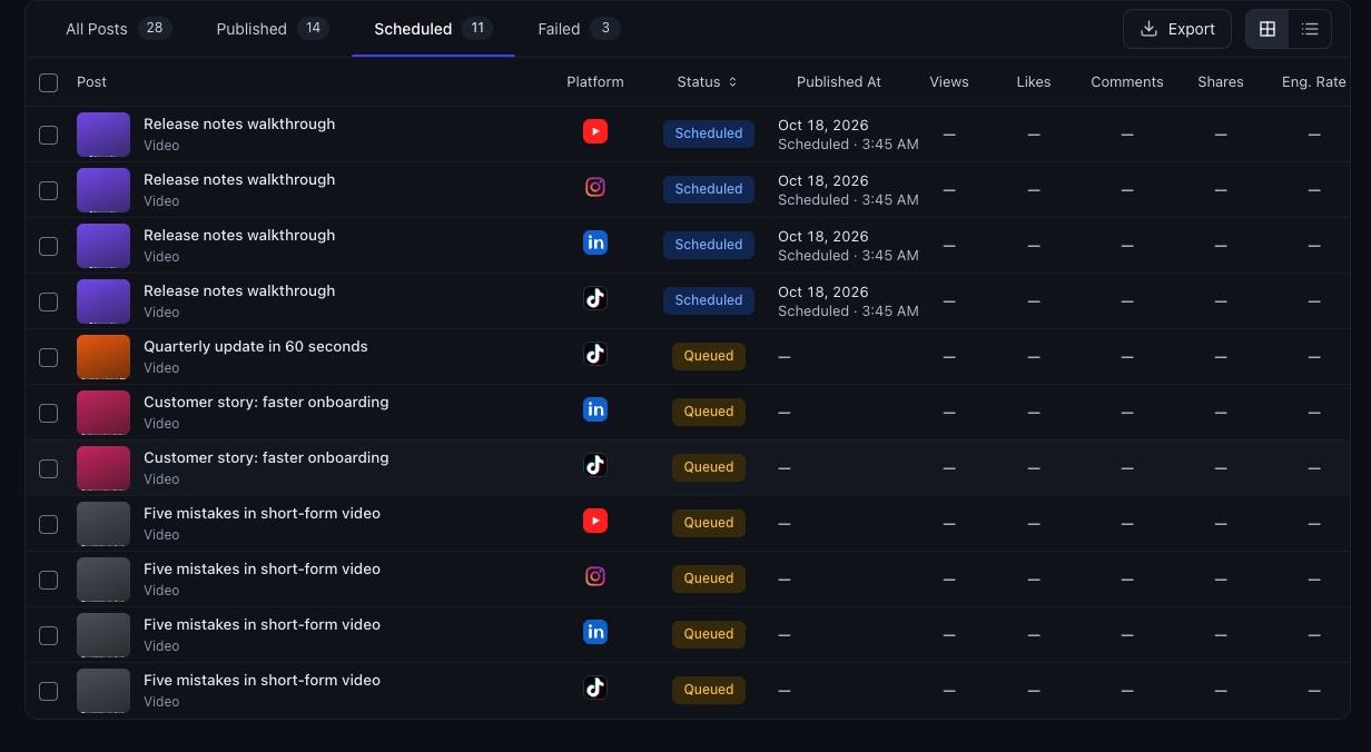 List of queued and scheduled sample video posts, each shown per network with its status.