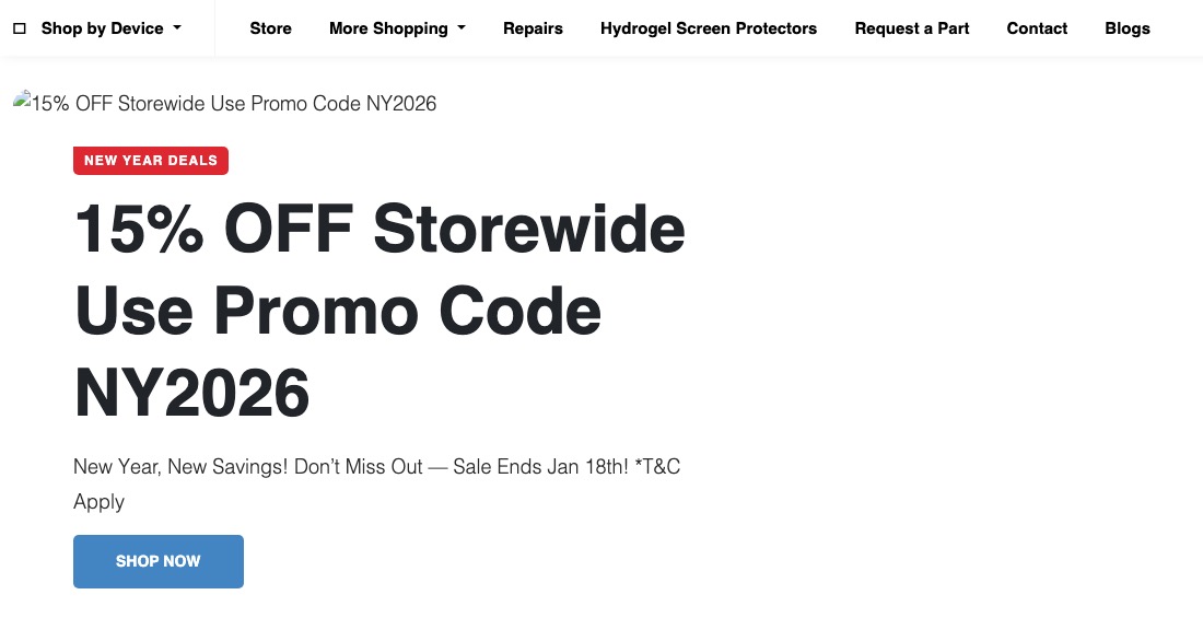 Phone Parts NZ homepage as archived on 17 January 2026: a main menu from Shop by Device to Blogs, and a New Year Deals banner offering 15% off storewide with code NY2026 and a Shop Now button.