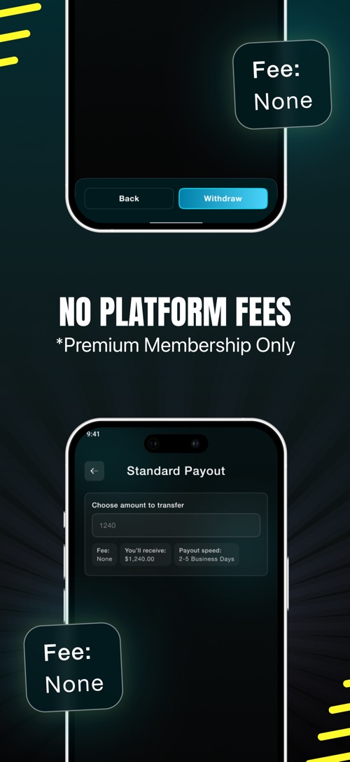 Trading Card TV App Store screenshot headed No Platform Fees, marked Premium Membership Only: a Standard Payout screen with a fee of None and a payout speed of 2 to 5 business days.