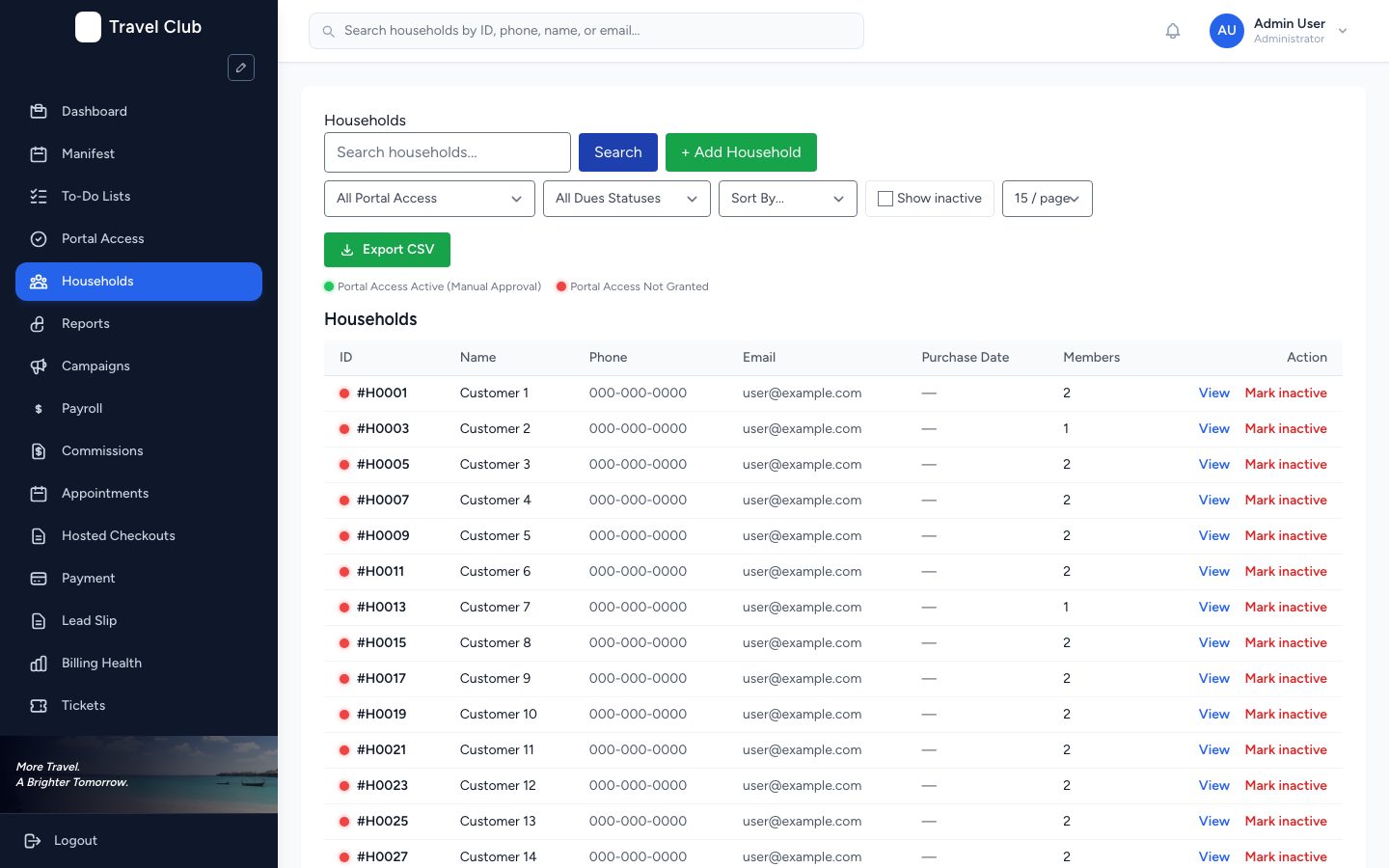 Household list with search, portal-access and dues filters, CSV export and a table of members with view actions. Names are anonymized.